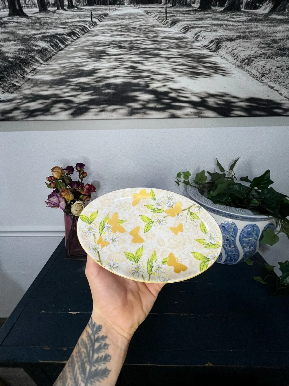 Butterfly Flowers Trinket Ring Jewelry Soap Dish Made in Portugal Cottagecore